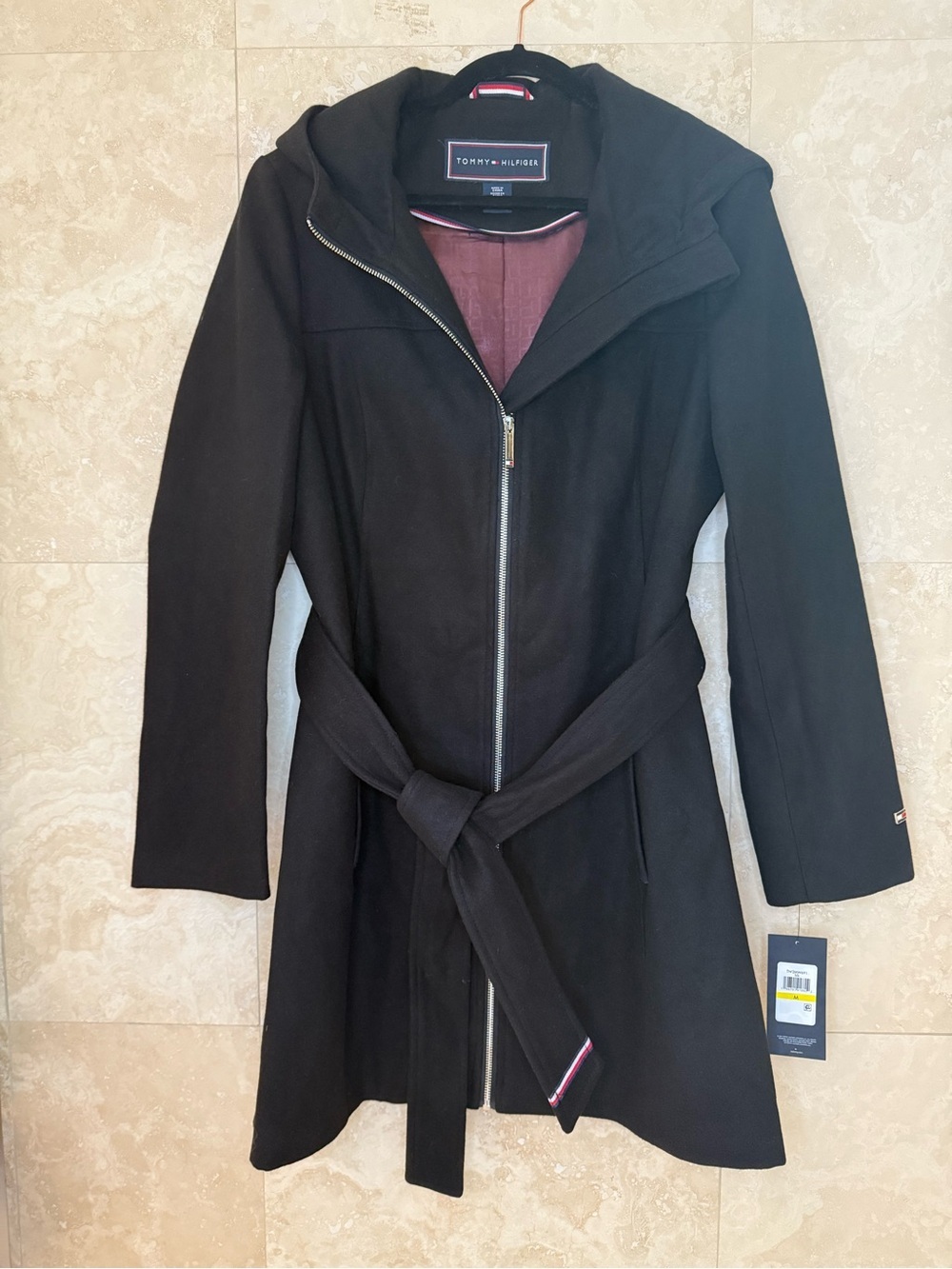 TOMMY HILFIGER Hooded Zip Coat Medium NWT Black Belted Classic
